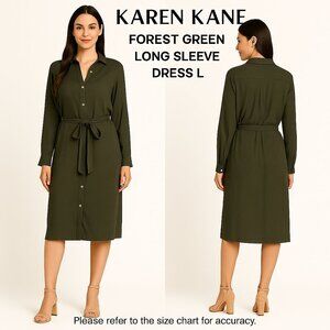 Karen Kane Forest Green Button Front Belted Midi Shirt Dress L Long Sleeve